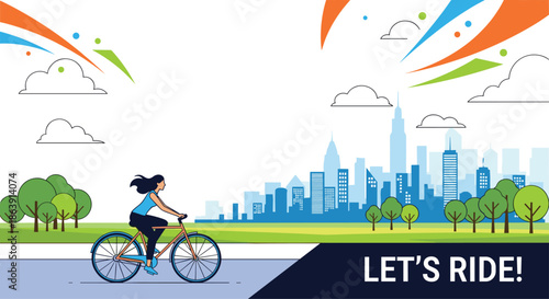 Woman riding a bicycle in a park with a modern city skyline in the background and the text 'Let's Ride!'