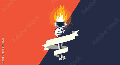 Hand holding a lit torch with a blank ribbon against a split-color background, symbolizing competition, sports, and rivalry.