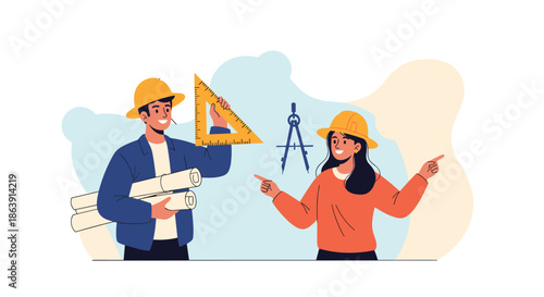 Team of male and female engineers in hard hats holding blueprints and drafting tools for a new construction or architecture project.