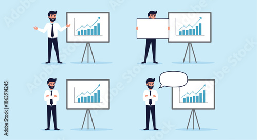 Set of a businessman in various poses presenting a successful growth strategy on a whiteboard with a rising bar chart graphic.
