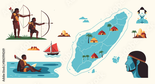 Illustrated map of an indigenous island community, showing native people hunting with bows, sailing, and their traditional huts.