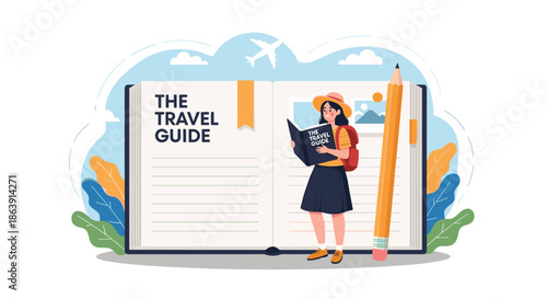 Young female tourist with a backpack and hat reading a giant travel guide book to plan her next vacation and world adventure.