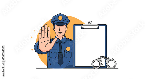 Police officer in uniform making a stop gesture, standing next to a blank clipboard and a pair of handcuffs for a legal notice.