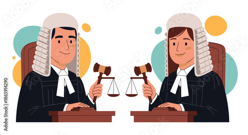 Male and female judges in traditional robes and wigs, sitting at their desks holding gavels and scales of justice in a court.