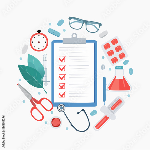Healthcare and Laboratory Essentials Flat Design Illustration of Medical Tools and Supplies Arranged in a Circular Concept on a Clean Background