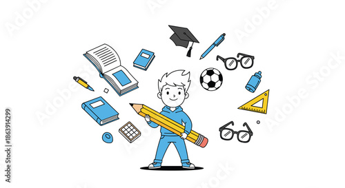 Happy young student holding a giant pencil, surrounded by floating icons of school supplies like books, glasses, and a soccer ball.