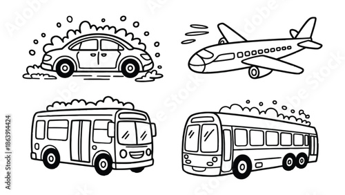 Transportation Icons: Outlined illustrations showcase various modes of transport, evoking a sense of travel and connectivity, suitable for visual communication.