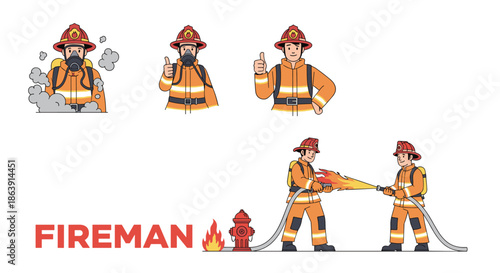 Set of firefighter characters in various poses, including wearing a mask, giving a thumbs up, and extinguishing a fire with a hose.
