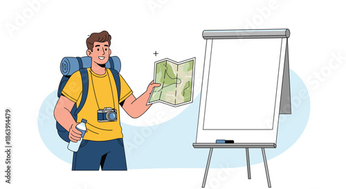 Male tourist with a backpack and camera holding a map next to a blank flip chart for a travel presentation or itinerary plan.
