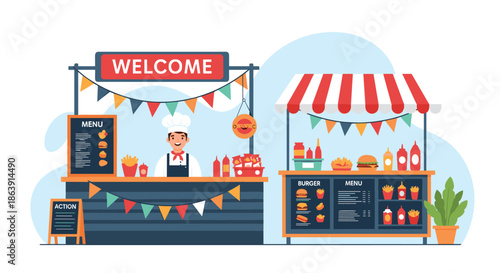 Street food festival scene with a happy chef at a welcome stall and an empty burger stand decorated with colorful bunting flags.