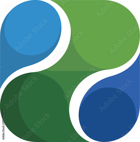 Four interlocking teardrop shapes in shades of blue and green form a balanced, abstract logo element suggesting synergy or flow.