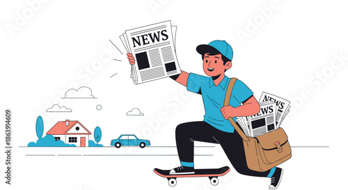 Happy paperboy on a skateboard delivering the daily news in a suburban neighborhood, holding up a fresh newspaper for everyone.