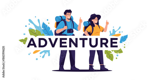 Happy couple of travelers with backpacks giving thumbs up, standing in front of the word adventure with nature background elements.