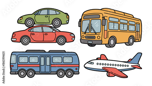 Vehicular Variety: A collection of various vehicles, including a car, bus, and airplane, offering a glimpse into the different modes of transportation available.