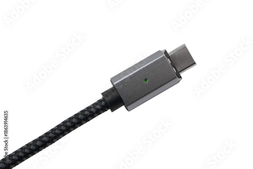 USB Type C cable isolated on white  background. Mobile phone charging cable. White Type C cable for charging a smartphone isolated