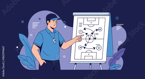 Soccer coach pointing at a whiteboard, explaining the game strategy and tactics with a diagram of the football field and players.