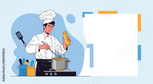 Professional male chef in a uniform and hat stirring a pot on a stove, with a blank white space for a recipe or text.