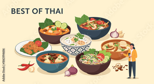 A collection of the best of Thai cuisine, featuring various traditional dishes like curry, soup, and salad with fresh ingredients.