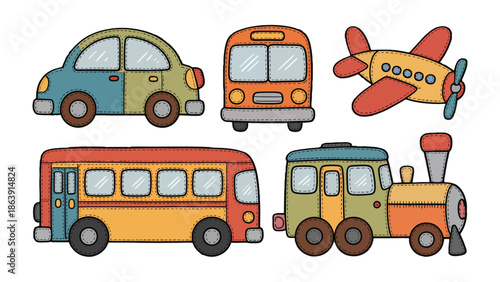 Colorful Transportation Collection: A vibrant assortment of toy vehicles, including a car, bus, airplane, and train, arranged in a playful composition.
