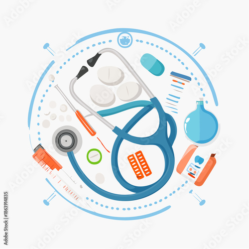 Comprehensive medical examination and diagnostic tools arranged in a harmonious circular design, symbolizing modern healthcare concepts and essential equipment on a pristine white background
