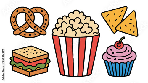 Delicious Snack Assortment: A captivating arrangement of delectable snacks, showcasing a pretzel, popcorn, tortilla chip, sandwich and cupcake.