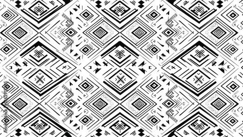 Abstract geometric seamless pattern with bold black white tribal lines forming symmetrical diamond shapes for modern decorative background design illustration texture