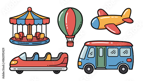 Childhood Adventure: A vibrant collection of playful illustrations showcases classic modes of transport, each element evoking a sense of carefree exploration and boundless imagination. 