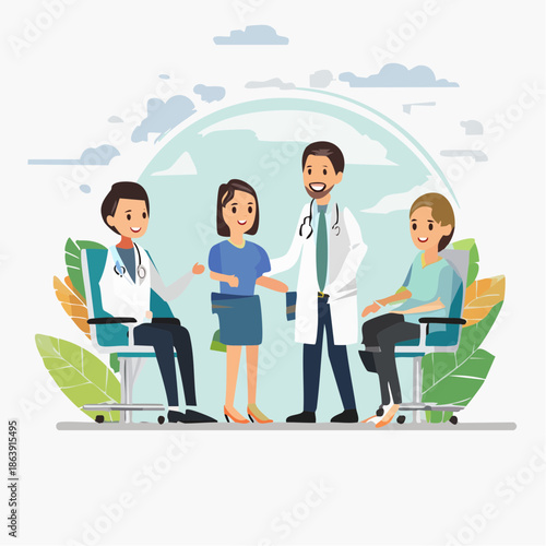 Professional medical team conducting a comprehensive health consultation with patients in a modern clinic environment, providing expert advice and compassionate care