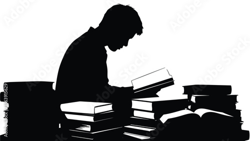 Silhouette of a dedicated student deeply engrossed in studying numerous thick books for exams