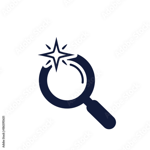 a dark blue graphic illustration of a magnifying glass focused on a sparkling star symbolizing discovery and investigation high quality