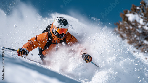 A skier in orange carves through fresh powder spraying snow everywhere on a sunny day