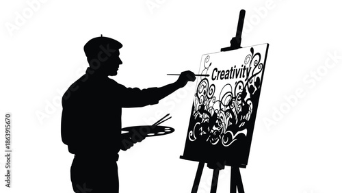 Silhouette of an artist wearing a beret painting the word creativity on an easel