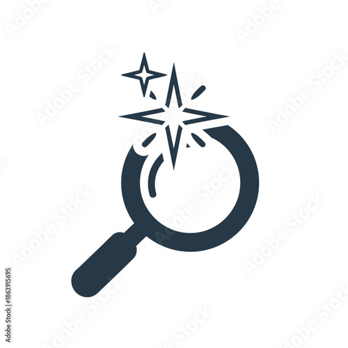 a detailed illustration depicts a magnifying glass focusing on a sparkling radiating starburst within a circular frame symbolizing investigation