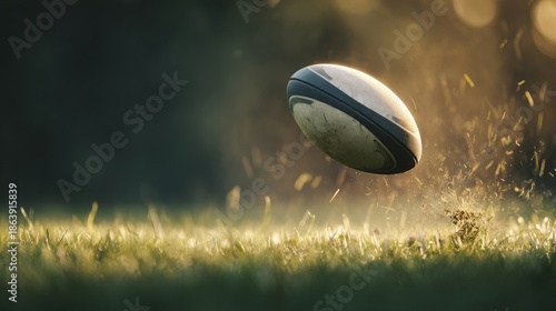 Rugby ball in motion over green grass field showing speed, energy and competition, dynamic outdoor sport action concept for team game, training, match, tournament and athletic poster or banner design