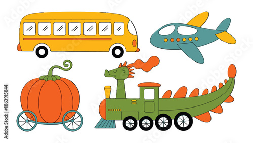 Whimsical Transport Collection: Delightful illustrations of a bus, airplane, pumpkin carriage, and dragon train, capturing the charm and wonder of children's transportation.