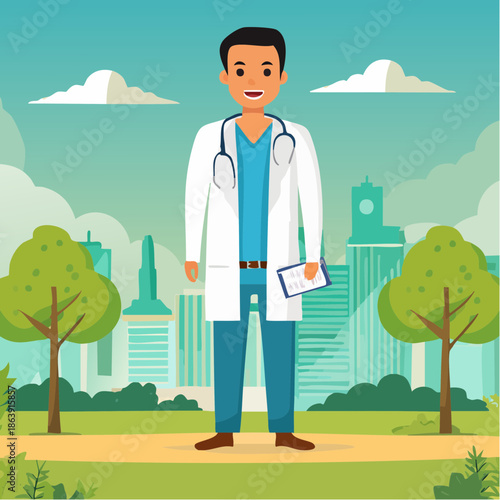 Friendly male doctor in white medical coat with stethoscope, smiling and holding a clipboard, standing in a vibrant city park with a modern skyline backdrop
