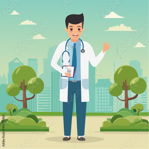 Friendly Male Doctor Cartoon Illustration Waving in a Park Setting with a City Skyline Background. Healthcare Professional Character Design for Medical Concepts