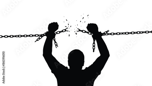 Silhouette of a determined person breaking heavy metal chains symbolizing freedom and liberation achievement