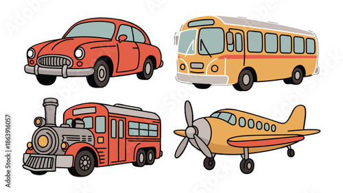 Vintage Transport Collection: A colorful collection showcases classic transportation modes, from a vintage car to a passenger plane, evoking a sense of nostalgia for a simpler time in travel.