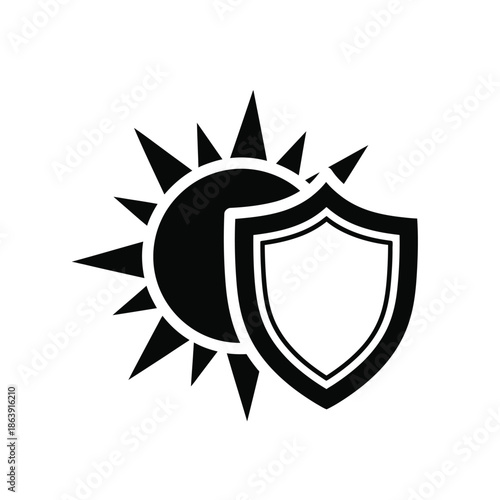 a black and white graphic illustration depicts a sun partially obscured by a shield representing protection and warmth high quality
