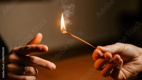 Close-up of two hands, one holding a lit matchstick, the other reaching out.