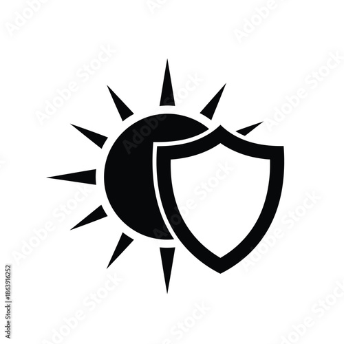 a black and white illustration depicts a shield positioned beside a sun with radiating lines symbolizing protection and warmth