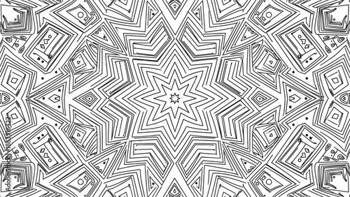 Abstract geometric mandala pattern with bold black line symmetry star shapes creating decorative seamless background for modern artistic design projects