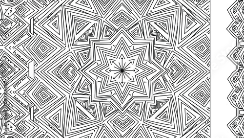 Abstract geometric mandala pattern with intricate black line triangles symmetrical star shapes creating decorative seamless background illustration for modern design use