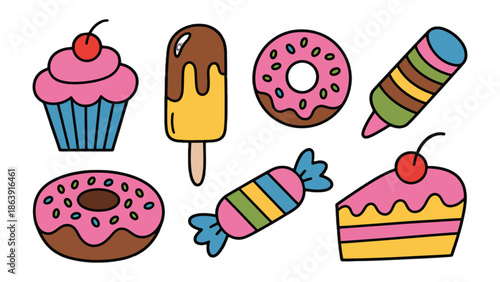 Sweet Delights: A colorful collection of sweet treats, featuring a cupcake, popsicle, donut, ice cream bar, candy, and cake, all beautifully arranged to tempt the eye. 