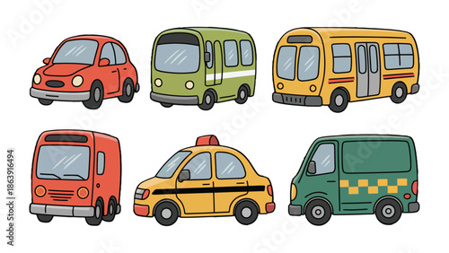 Diverse Transport Collection: A colorful collection of vehicles, including car, bus, taxi and van showcase a variety of transport options against a clean backdrop.