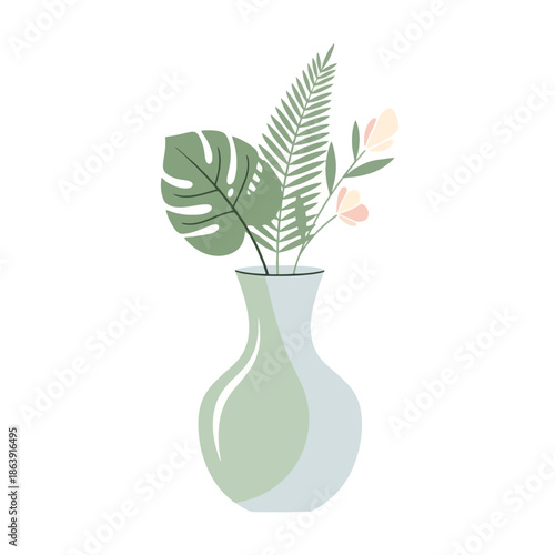 Minimalist vase with tropical leaves and delicate flowers, isolated on white background
