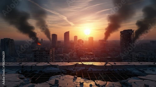 Destroyed Cityscape at Sunset with Smoke Plumes and Ruined Buildings