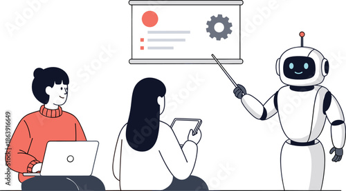 Artificial intelligence robot teaching students with digital presentation, laptops, tablets, and modern flat illustration for education technology and smart learning concepts