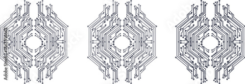 Abstract geometric circuit board patterns forming symmetrical technology shapes, minimal line vector illustration for artificial intelligence, digital network, and futuristic design concepts